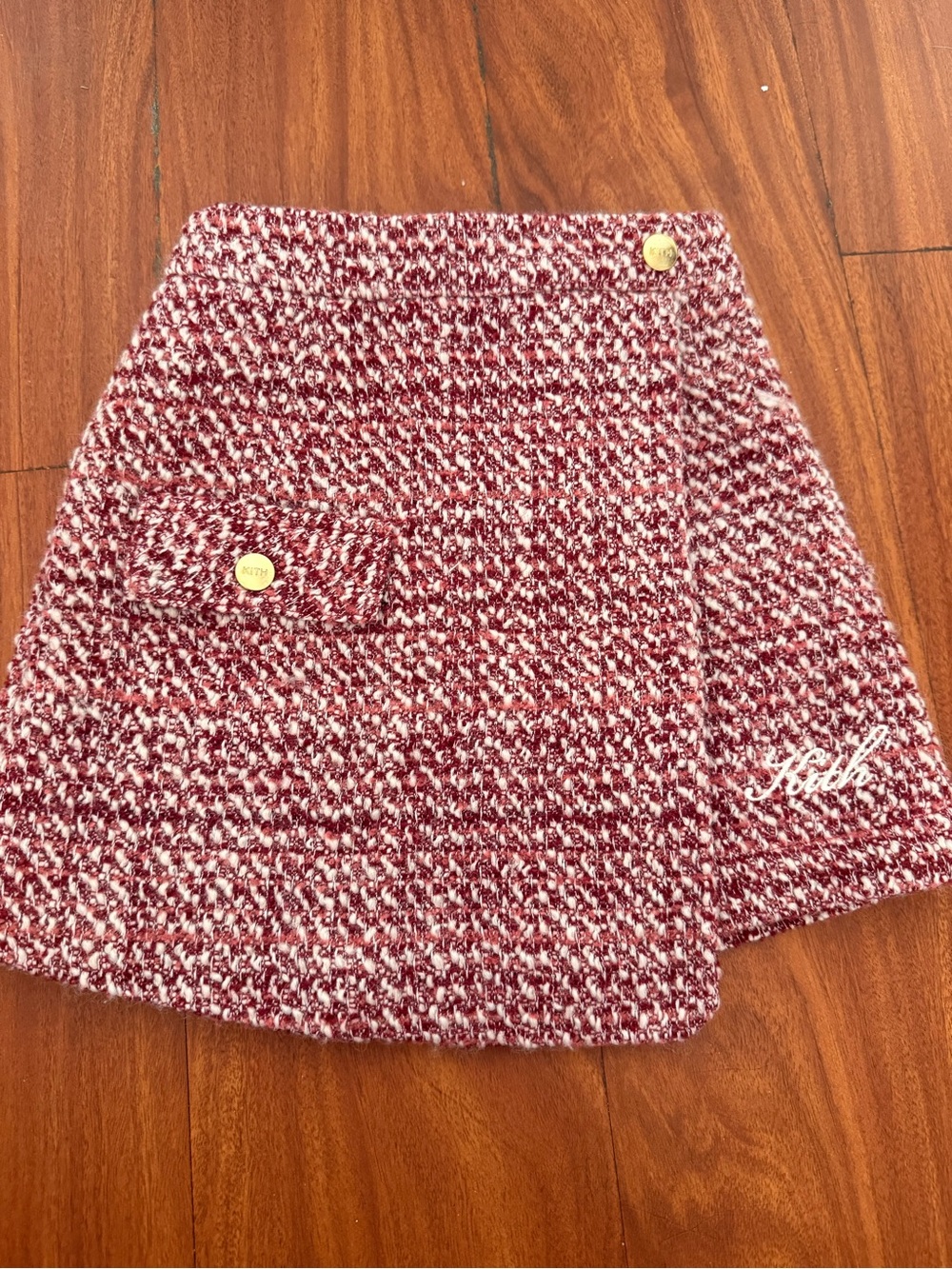 Kith Maroon and White Tweed Mini Skirt with Gold Buttons